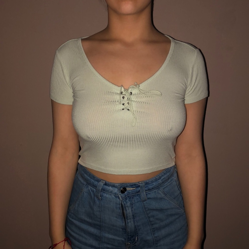 mint green crop too with laced up detail